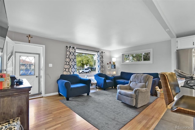 living room featuring baseboards and light wood-type flooring