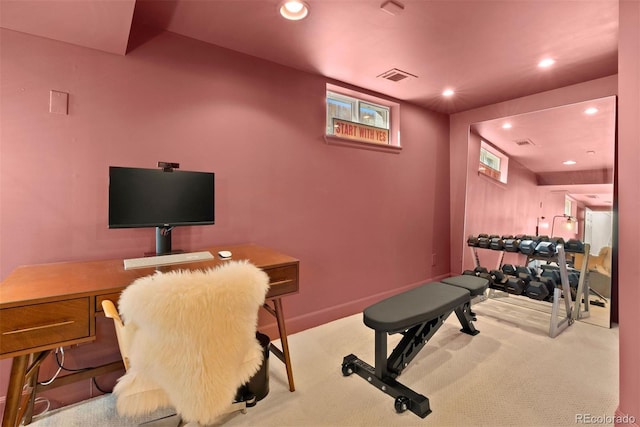 home office featuring baseboards, carpet floors, visible vents, and recessed lighting