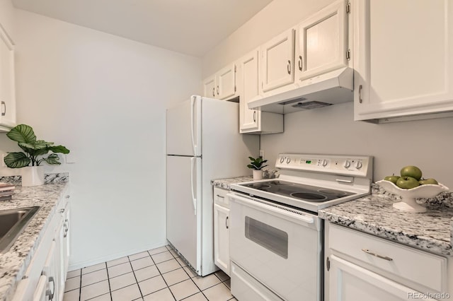7665 E Eastman Ave Unit 111A, Denver, CO 80231 - kitchen featuring white appliances, under cabinet range hood, white cabinets, and light tile patterned floors