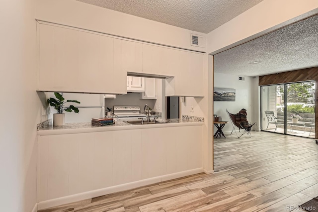 7665 E Eastman Ave Unit 111A, Denver, CO 80231 - kitchen featuring a sink, a textured ceiling, light wood-style floors, white cabinetry, and light countertops