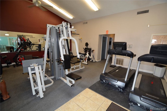 7665 E Eastman Ave Unit 111A, Denver, CO 80231 - exercise room featuring a ceiling fan, vaulted ceiling, and tile patterned floors