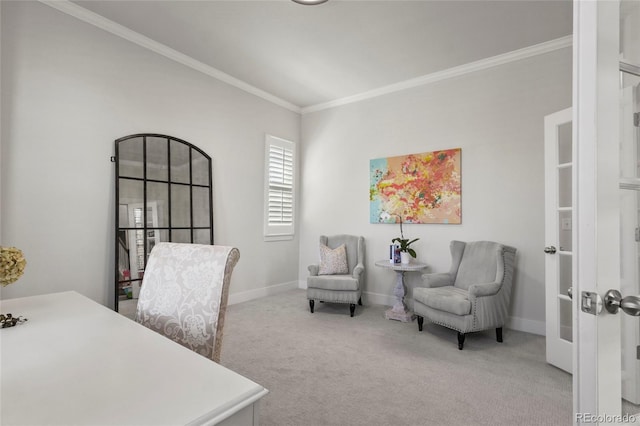 office with ornamental molding, carpet floors, and baseboards