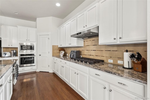 kitchen with stainless steel appliances, dark stone counters, dark wood finished floors, under cabinet range hood, and white cabinetry