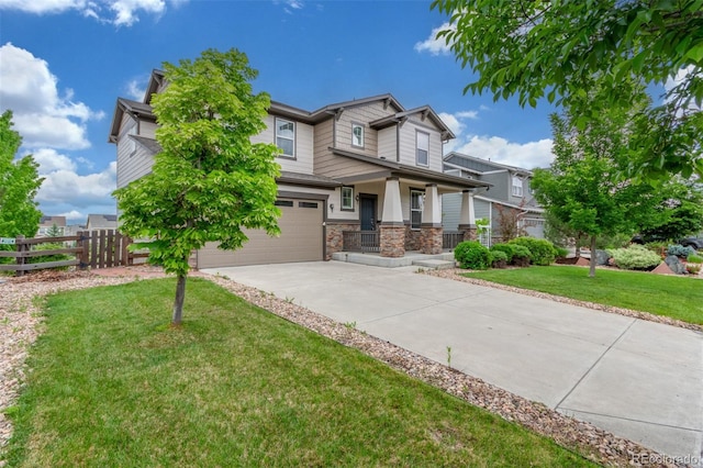 676 Fossil Bed Cir, Erie, CO 80516 - craftsman-style home featuring a porch, driveway, a garage, and stone siding