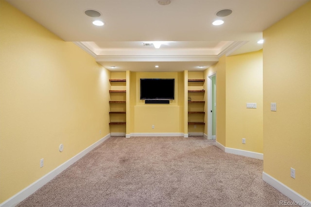 basement featuring light carpet, baseboards, and recessed lighting