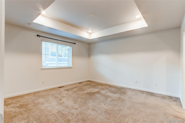 carpeted spare room featuring a raised ceiling