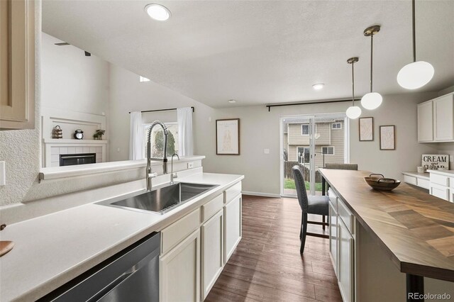 kitchen featuring dark wood-style flooring, butcher block counters, a sink, dishwasher, and a wealth of natural light