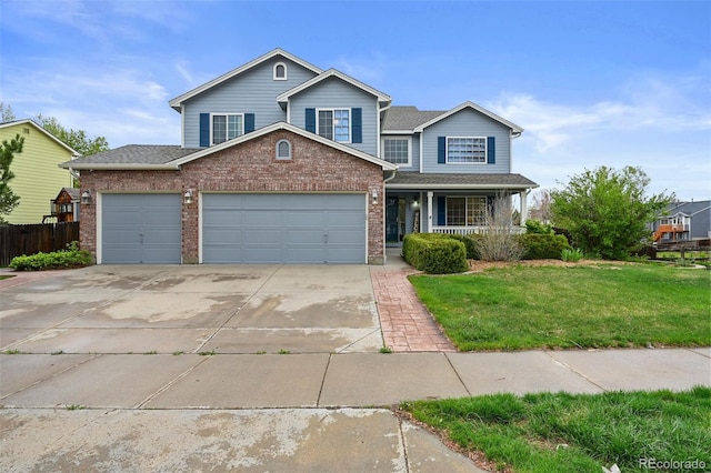 traditional-style home with covered porch, driveway, a garage, brick siding, and a front lawn