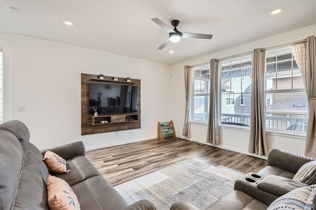 living room with ceiling fan and wood-type flooring