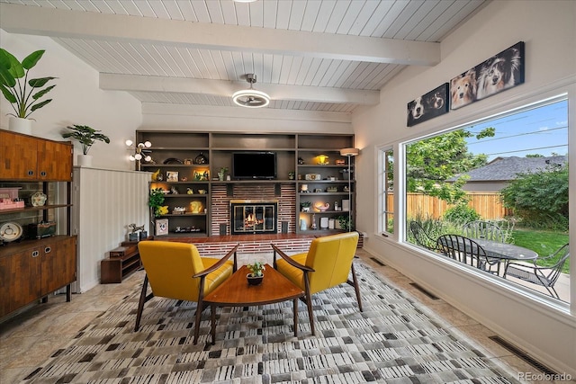 1040 N Kearney St, Denver, CO 80220 - living room with a brick fireplace and a wood ceiling with exposed beams