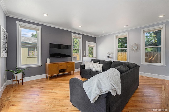 2831 N Humboldt St, Denver, CO 80205 - living area featuring ornamental molding, light wood-style floors, and recessed lighting