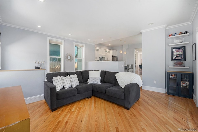 2831 N Humboldt St, Denver, CO 80205 - living area featuring light wood finished floors, ornamental molding, and recessed lighting