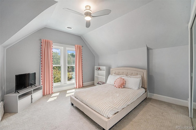 2831 N Humboldt St, Denver, CO 80205 - bedroom featuring lofted ceiling, light colored carpet, and ceiling fan