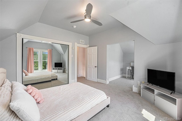 2831 N Humboldt St, Denver, CO 80205 - bedroom with vaulted ceiling, carpet flooring, and ceiling fan