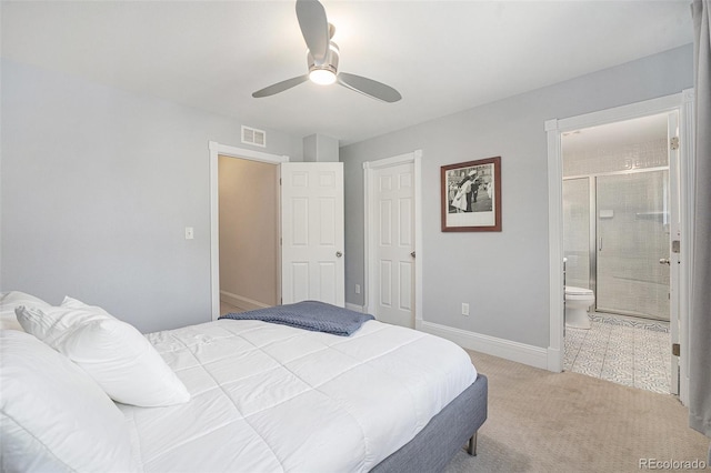 2831 N Humboldt St, Denver, CO 80205 - bedroom featuring light colored carpet, ceiling fan, and connected bathroom