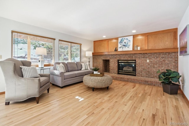 living room with a fireplace and light hardwood / wood-style flooring