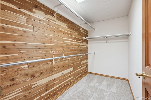 spacious closet featuring light colored carpet