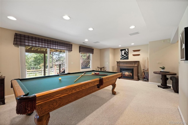 10 Sand Cherry, Littleton, CO 80127 - recreation room featuring carpet floors, a glass covered fireplace, billiards, recessed lighting, and baseboards