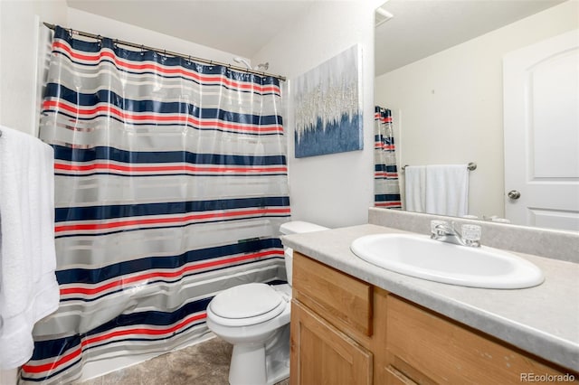 933 W Independent Ave, La Salle, CO 80645 - bathroom featuring vanity, a shower with shower curtain, tile patterned flooring, and toilet