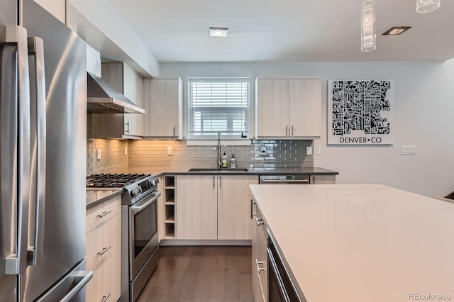 kitchen with stainless steel appliances, a sink, dark wood-type flooring, tasteful backsplash, and wall chimney exhaust hood