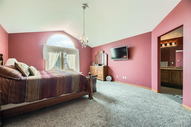 6588 S Oak Cir, Littleton, CO 80127 - bedroom with lofted ceiling, carpet flooring, a chandelier, and ensuite bathroom