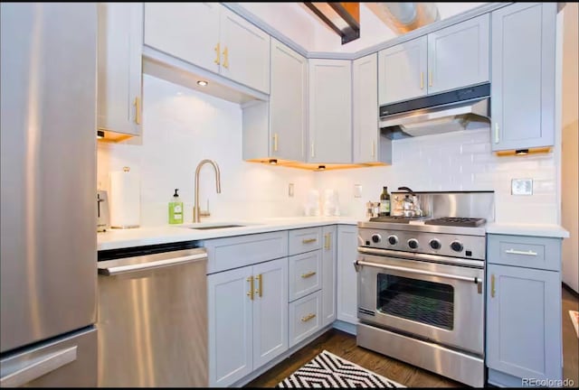 kitchen with under cabinet range hood, stainless steel appliances, a sink, and light countertops