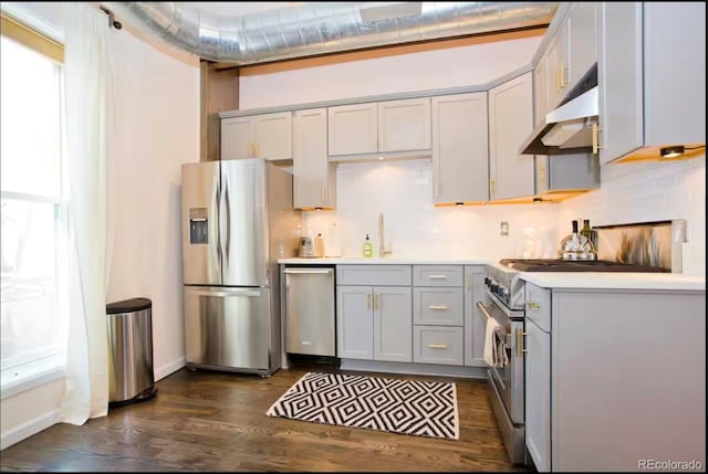 kitchen featuring stainless steel appliances, light countertops, gray cabinetry, under cabinet range hood, and a sink