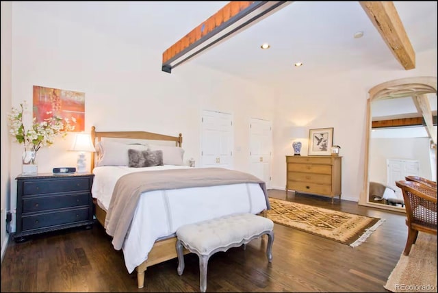 bedroom with dark wood-type flooring, recessed lighting, and beamed ceiling