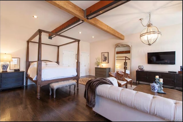 bedroom featuring recessed lighting, beamed ceiling, and wood finished floors