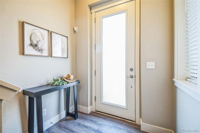 entryway with baseboards and wood finished floors