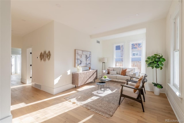 living room featuring plenty of natural light and light hardwood / wood-style flooring