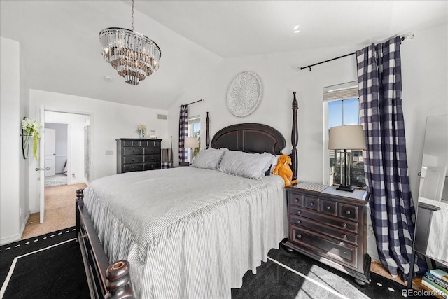 12972 Uinta Ct, Thornton, CO 80602 - bedroom featuring lofted ceiling, a chandelier, and carpet