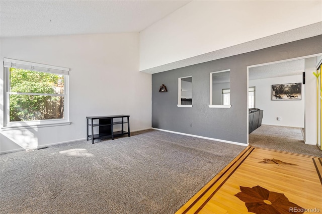 9805 Garrison Ct, Broomfield, CO 80021 - unfurnished living room with carpet, healthy amount of natural light, high vaulted ceiling, baseboards, and a textured ceiling