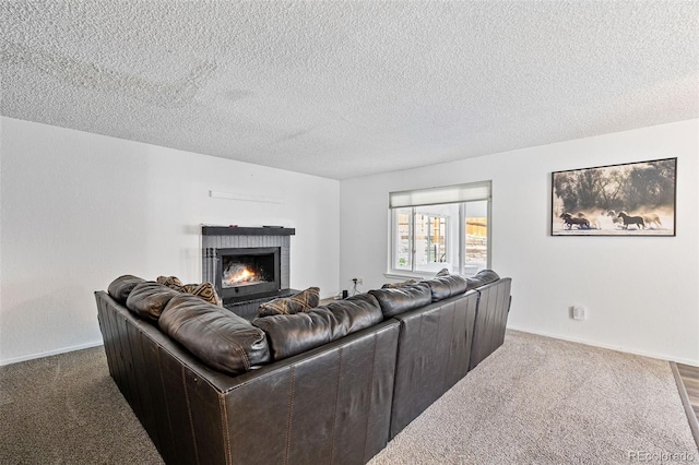 9805 Garrison Ct, Broomfield, CO 80021 - living area with carpet flooring, baseboards, a brick fireplace, and a textured ceiling
