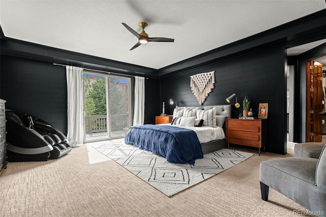 bedroom with access to outside, carpet, ornamental molding, and ceiling fan
