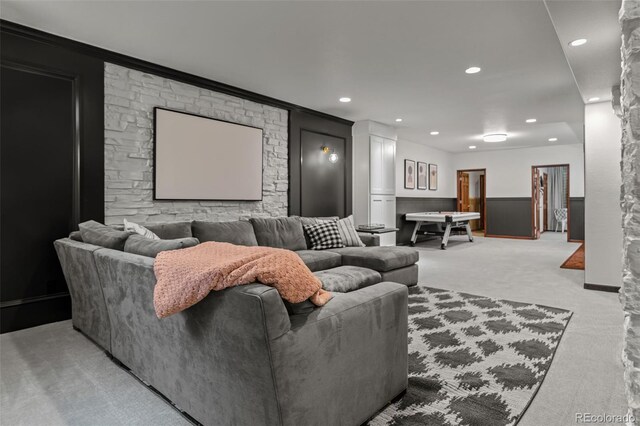 living area with light colored carpet, ornamental molding, recessed lighting, and billiards