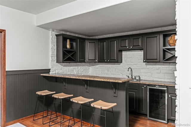 indoor wet bar featuring wine cooler, dark wood-style floors, and a wainscoted wall
