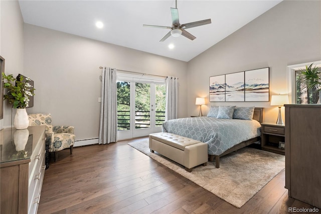 bedroom featuring access to outside, a baseboard heating unit, dark wood-style floors, high vaulted ceiling, and recessed lighting
