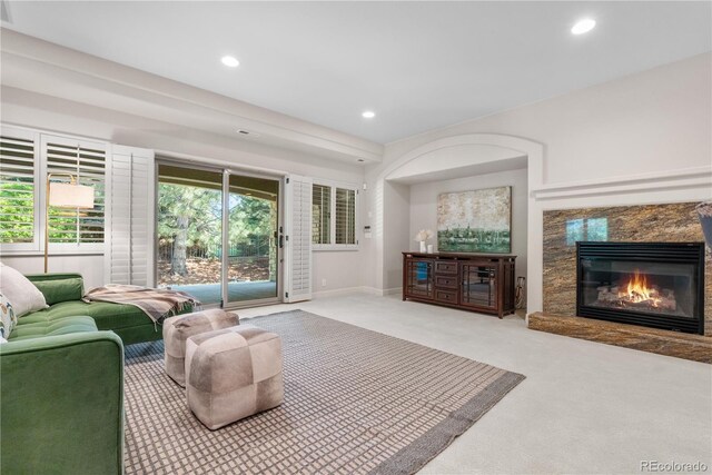 11 Canon Pl, Greenwood Village, CO 80111 - carpeted living area with a premium fireplace and recessed lighting