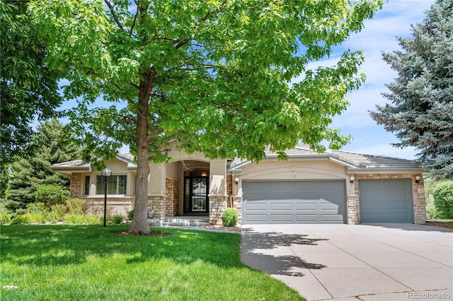 11 Canon Pl, Greenwood Village, CO 80111 - view of property hidden behind natural elements featuring stone siding, driveway, a garage, a front yard, and stucco siding