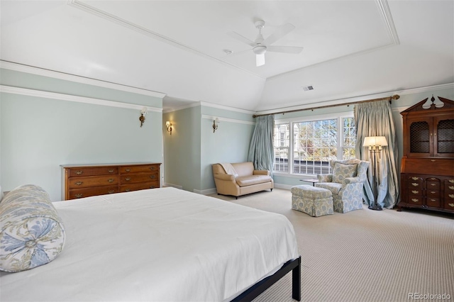 bedroom with carpet floors, ornamental molding, lofted ceiling, and ceiling fan