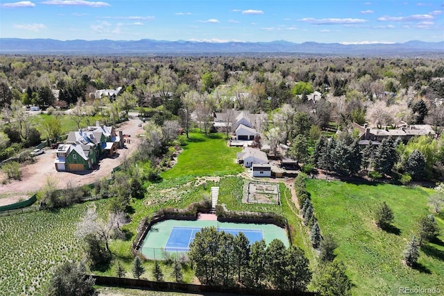 drone / aerial view of a heavily wooded area, a mountainous background, and a pool
