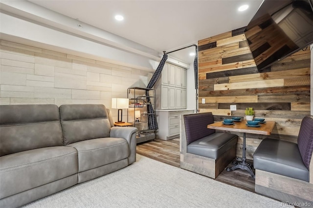 645 S Park Ave Unit 302, Breckenridge, CO 80424 - living area with wood finished floors, wood walls, and recessed lighting