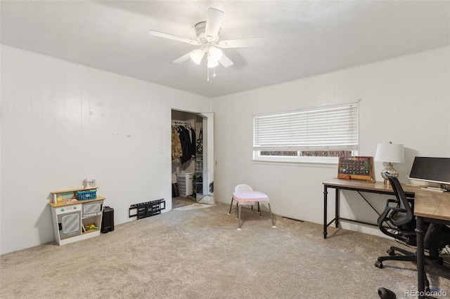 office area featuring carpet floors and ceiling fan