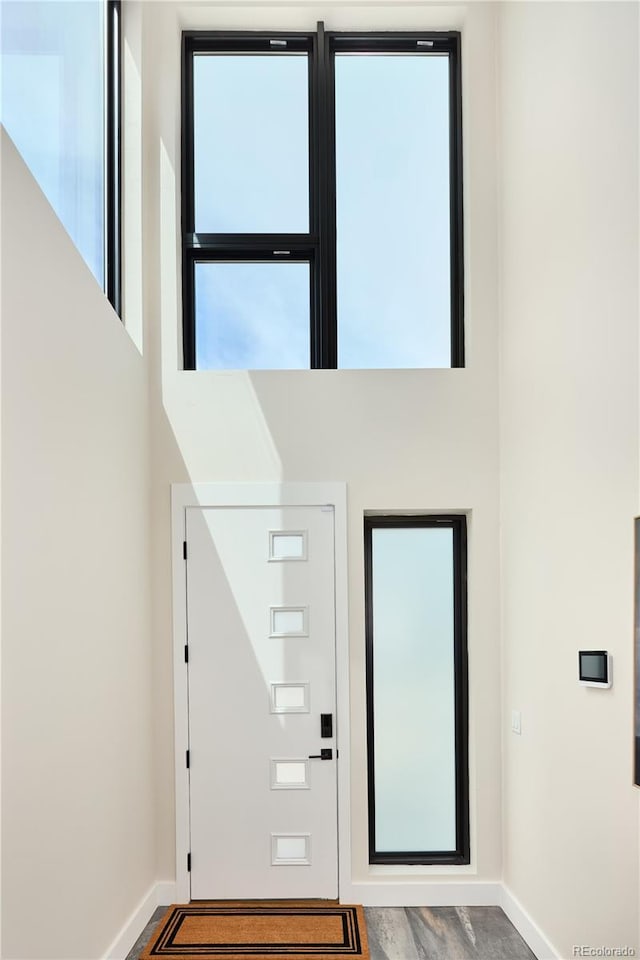 entryway with baseboards and a towering ceiling