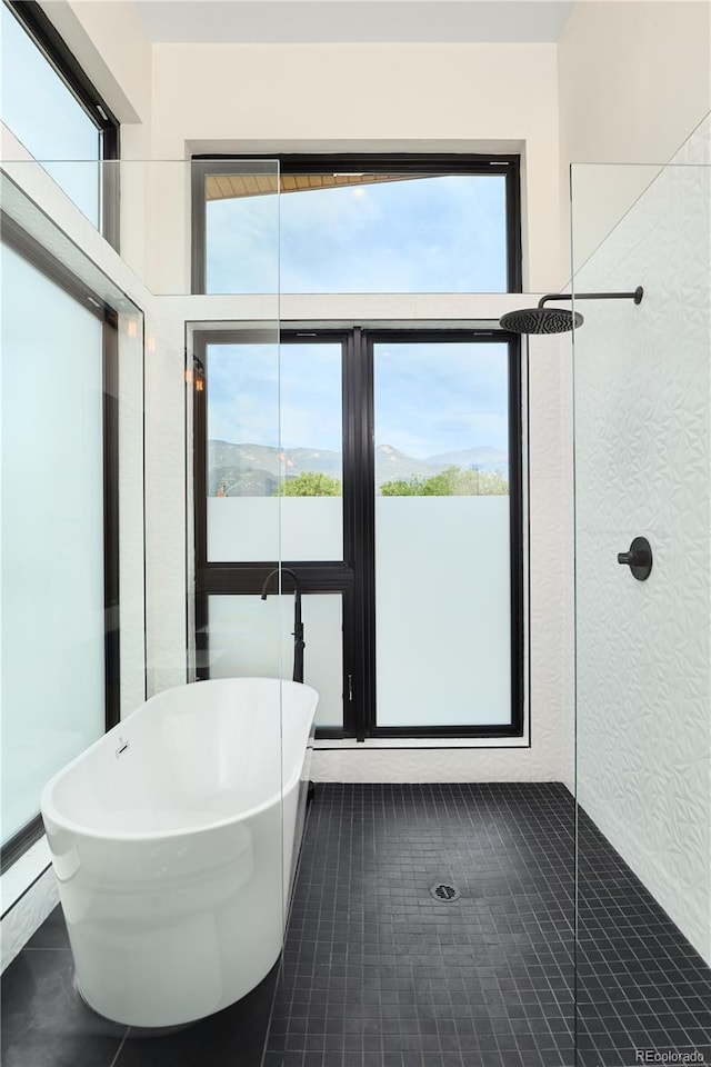 full bath with tile patterned floors, plenty of natural light, and a freestanding tub