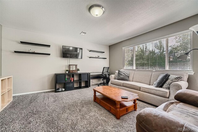 5534 S Wenatchee St, Aurora, CO 80015 - carpeted living room featuring a textured ceiling and baseboards