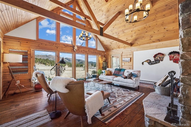 2555 New Mill Gulch Rd, Canon City, CO 81212 - living room featuring a chandelier, high vaulted ceiling, a mountain view, wooden walls, and a baseboard heating unit
