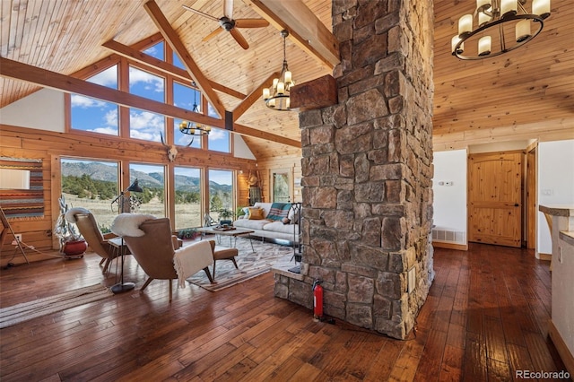 2555 New Mill Gulch Rd, Canon City, CO 81212 - living room featuring a chandelier, high vaulted ceiling, wood-type flooring, plenty of natural light, and wooden ceiling with exposed beams