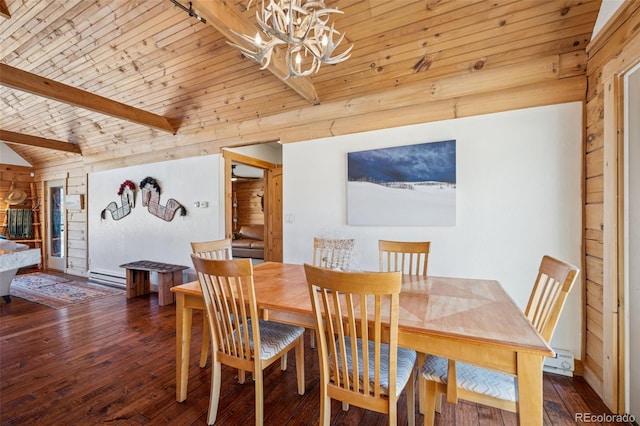 2555 New Mill Gulch Rd, Canon City, CO 81212 - dining space with a chandelier, hardwood / wood-style flooring, wooden walls, wooden ceiling, and baseboard heating